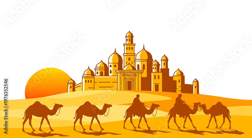 A vector graphic illustration of a desert caravan with camels and a mosque in the background at sunset