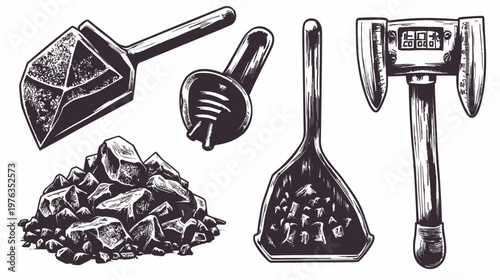 Artistic monochrome illustration with various coal mining tools and raw material pile