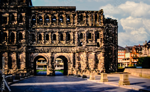 Sunlit Porta Nigra Roman gate in Trier, Germany