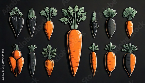 Collection of pixel art carrots in various shapes and sizes.