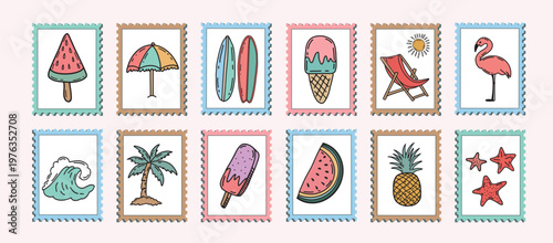 Tropical summer postage stamp set. Hand drawn