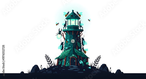 A whimsical green tower with a pointed roof and a balcony, surrounded by plants and butterflies, set against a white background.