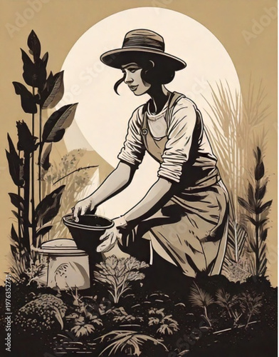 Woman gardener tending plants in a garden setting.