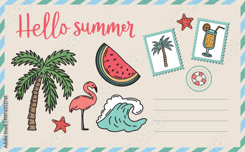 Summer postcard with tree, wave, tree