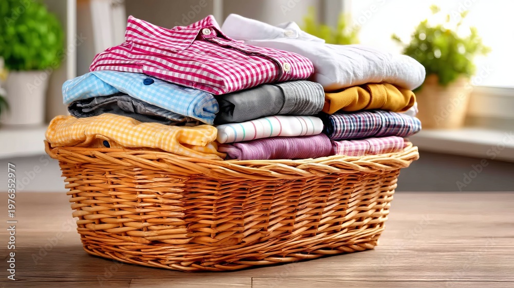Obraz premium Freshly Ironed Uniforms in a Basket Near Sunlit Window