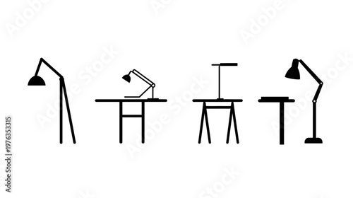 Minimalist illustration of different styles of lamps and desks