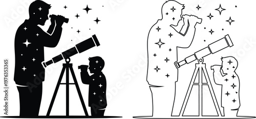 Adult and child stargazing with telescopes under night sky stars