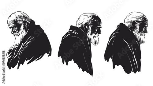 Black and white illustration of three profile views of an aged man with a long beard and hooded cloak