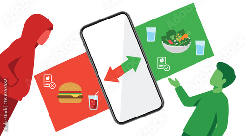A modern smartphone application facilitates a dietary choice between unhealthy fast food and a nutritious salad, illustrated with contrasting red and green colors.