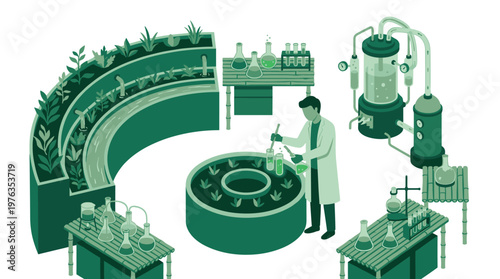 A dedicated scientist in a white lab coat conducts meticulous research with green liquids in a futuristic biotechnology laboratory filled with hydroponic plants and glassware.