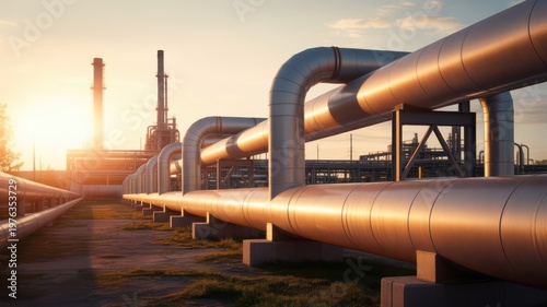 Industrial oil and gas pipeline infrastructure at sunset