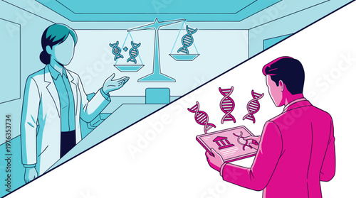 A split-screen illustration contrasts a female scientist discussing genetic ethics with scales of justice and a man analyzing DNA data on a futuristic tablet interface.