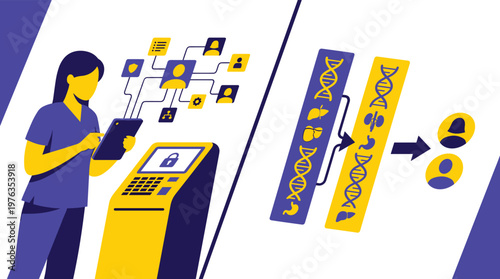 A composite illustration depicts a medical professional accessing secure patient data on a tablet next to a conceptual diagram of genetic data transfer and privacy.