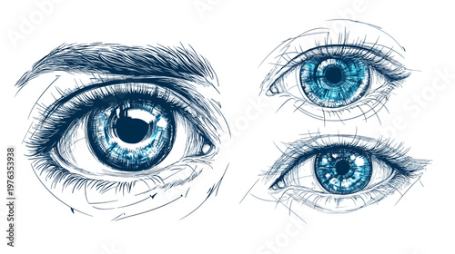 Artistic depiction of three blue eyes, showcasing detail in color and anatomy against a white background