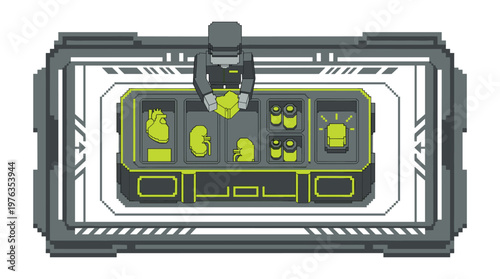 A pixel-art scientist meticulously arranges glowing green bio-engineered organs on a futuristic console in a sterile, high-tech laboratory from a top-down view.