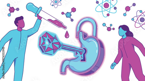 Two vibrant scientists unlock a conceptual stomach with a glowing crystal key, administering a precise drop of medicine surrounded by floating atomic structures.