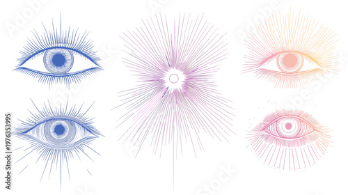Illustration of eyes with radiating lines, some in gradient colors. Design with eye motifs