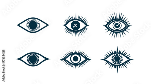 Six stylized eye illustrations, various shapes and detail, in a dark blue hue. Eyes with lashes and a pupil