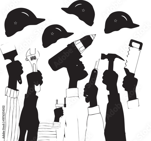 Construction Tools and Worker Hands Silhouette Vector Illustration, Industrial Labor Concept
