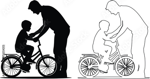 Parent Teaching Child How To Ride Bicycle With Supportive Guidance