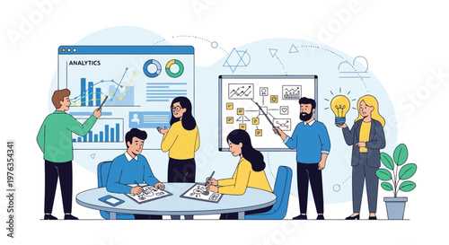 Illustration of business professionals in a meeting discussing analytics and strategy, working together on a project with charts and ideas, isolated on