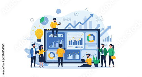 Illustration of diverse group of professionals collaborating around a digital analytics dashboard displaying various charts and graphs, isolated on
