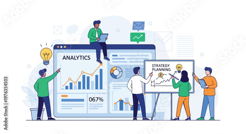 Illustration of team of people analyzing data and planning strategy on a large screen with charts and graphs, isolated on