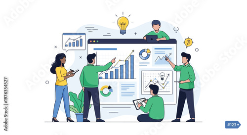 Illustration of team of diverse professionals collaborating on a business strategy, analyzing charts and graphs on a large screen, isolated on