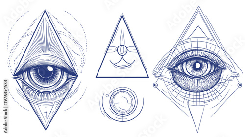 Hand-drawn illustrations featuring detailed eyes within geometric shapes, evoking mysticism and esoteric themes