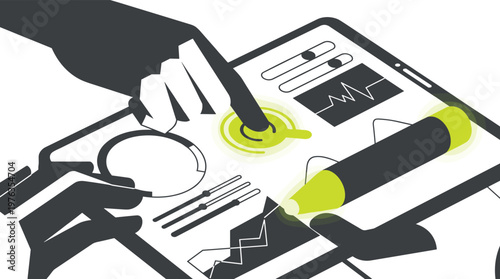 Meticulous hands use a glowing digital stylus to interact with a complex data visualization dashboard on a tablet, showcasing interactive analytics and modern UI design.