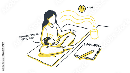 A serene woman peacefully meditates on a mat late at night, wearing an advanced cortisol-tracking haptic ring to monitor stress levels for improved mental wellness.
