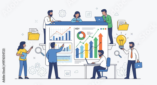 Illustration of diverse group of professionals working together on a business strategy and data analysis project, isolated on