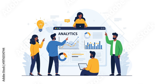 Illustration of diverse team of people collaborating around a large computer screen displaying analytics data and charts, isolated on