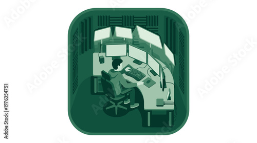A focused developer works intently at a sophisticated multi-monitor computer setup within a compact, acoustically treated office, viewed from a high angle perspective.