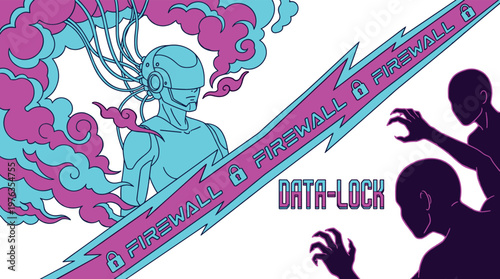 A vivid cyberpunk illustration shows a futuristic cyborg protected by a powerful digital firewall, effectively blocking shadowy hackers from accessing sensitive data.