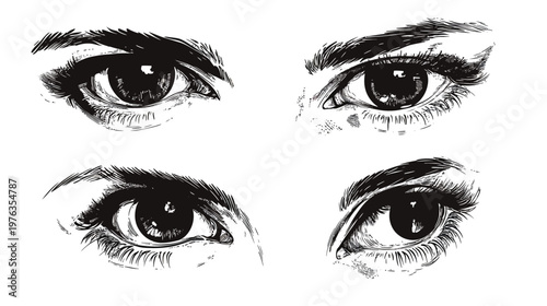 A monochrome illustration showcasing four sets of detailed human eyes in different perspectives