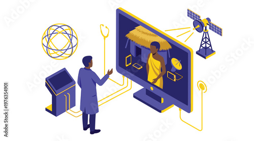 A dedicated doctor in a modern clinic conducts a remote telehealth consultation with a patient in a rural village via a large screen and satellite technology.