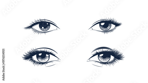 A monochrome illustration of four stylized eyes, showcasing varying expressions