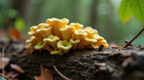 Fungi growing on a decaying surface showing decomposition in nature. 