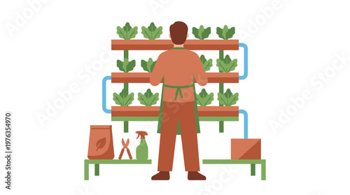 A farmer wearing a green apron tends to a meticulously organized indoor vertical farm, cultivating fresh produce with a modern hydroponic irrigation system.
