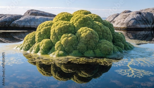 Fresh green algae forming on the surface of still water. 