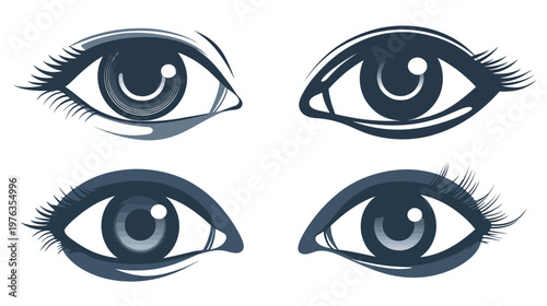 Four stylized eye illustrations with detailed eyelashes in a cool color palette on a white background