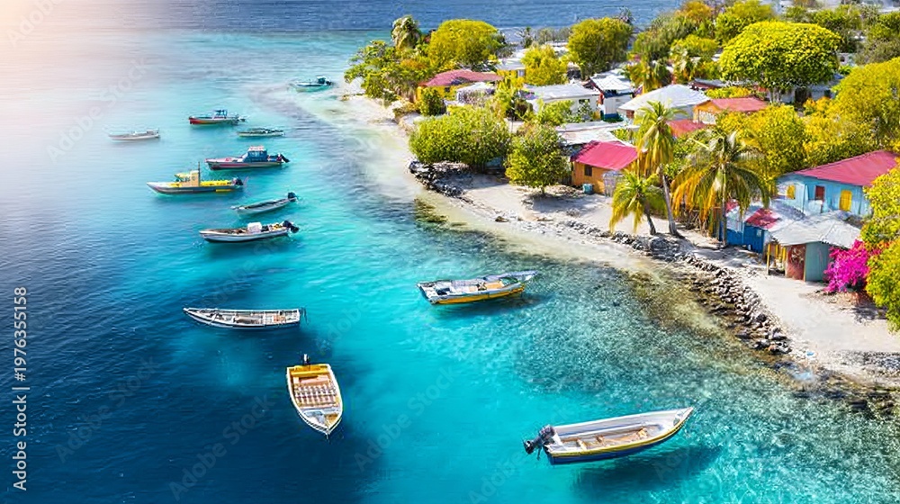 Fototapeta premium Aerial View of a Traditional Fishing Village with Colorful Boats and Shoreline