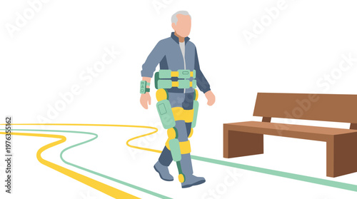 An elderly man regains mobility and independence by walking confidently in a park with the assistance of a sophisticated and modern wearable exoskeleton suit.