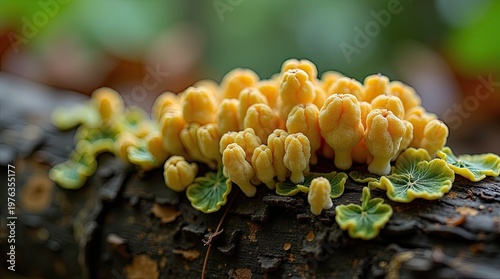 Fungi growing on a decaying surface showing decomposition in nature. 