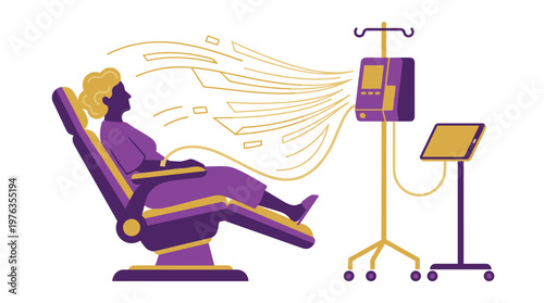 A female patient calmly receives a futuristic medical treatment in a reclining chair, with golden data streams flowing from an advanced machine into her mind.