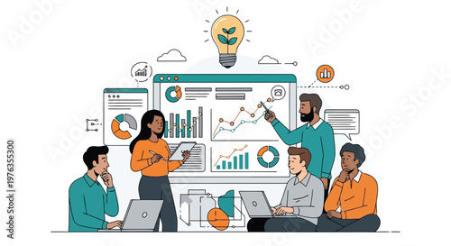 Illustration of business team brainstorming ideas and analyzing financial data with charts and graphs, isolated on