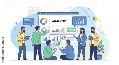 Illustration of group of people in a modern office setting, analyzing business analytics and data visualization on screens and tablets, collaborating