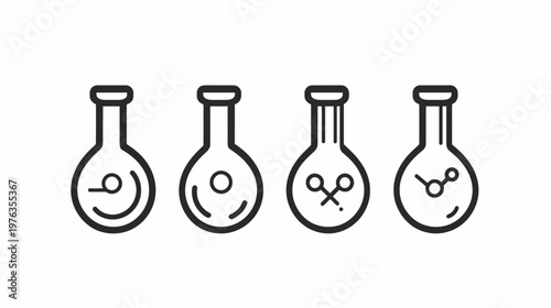 Four stylized lab flasks with different internal symbols, presented in a linear arrangement