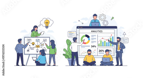 Illustration of business professionals analyzing data, developing strategy, and generating ideas using charts, mind maps, and technology, isolated on